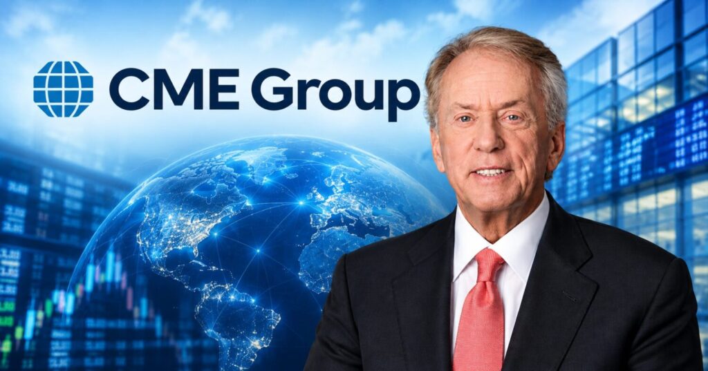 CME Group Finanzportrait vor digitaler Weltkugel